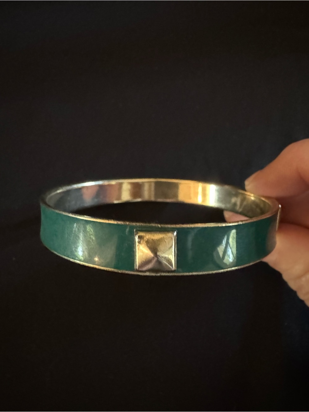 Kelly Green Enamel Bangle Bracelet with Gold Pyramid Accent